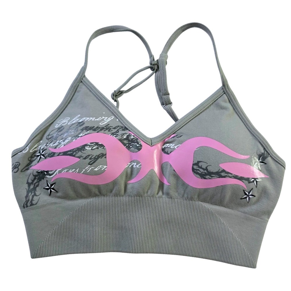 Civil Regime Womens Grey Pink Tribal Flame Sports Bra Moto Star‎ Smal